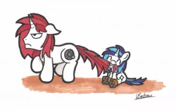 Size: 1746x1110 | Tagged: safe, artist:bobthedalek, derpibooru import, long play, vinyl scratch, pony, unicorn, brother and sister, duo, filly, image, jpeg, mouth hold, roller skates, tail, tail bite, tail pull, traditional art