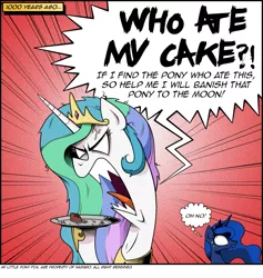 Size: 995x1050 | Tagged: safe, artist:wandrevieira1994, derpibooru import, princess celestia, princess luna, angry, cake, cakelestia, gritted teeth, messy mane, monochrome, nervous, open mouth, rage, sharp teeth, this will end in tears, thought bubble, wide eyes, yelling