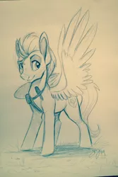 Size: 640x960 | Tagged: safe, artist:probablyfakeblonde, derpibooru import, oc, oc:andrew swiftwing, unofficial characters only, pegasus, pony, monochrome, solo, traditional art