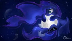 Size: 1920x1080 | Tagged: safe, artist:opticspectrum, derpibooru import, princess luna, alicorn, pony, hug, moon, solo, space, stars, tangible heavenly object, wallpaper