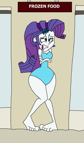 Size: 955x1621 | Tagged: safe, artist:hunterxcolleen, derpibooru import, rarity, equestria girls, barefoot, bikini, clothes, cold, feet, freezing, freezing fetish, frozen, humanized, one-piece swimsuit, shivering, solo, store, supermarket, swimsuit, wide hips