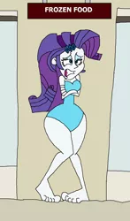 Size: 955x1621 | Tagged: safe, artist:hunterxcolleen, derpibooru import, rarity, equestria girls, barefoot, bikini, clothes, cold, feet, freezing, freezing fetish, frozen, humanized, one-piece swimsuit, shivering, solo, store, supermarket, swimsuit, wide hips