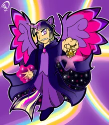 Size: 900x1029 | Tagged: artist:makidotsukashi, cape, clothes, derpibooru import, dusk shine, eared humanization, horned humanization, human, humanized, key, magic, rainbow of light, rainbow power, rainbow power-ified, rule 63, safe, solo, tailed humanization, twilight sparkle, twilight sparkle (alicorn), winged humanization