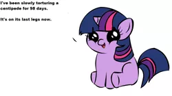 Size: 1194x668 | Tagged: animal abuse, centipede, derpibooru import, exploitable meme, filly, filly twilight sparkle, filly twilight telling an offensive joke, meme, obligatory pony, safe, solo, twilight sparkle, vulgar