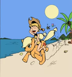 Size: 869x920 | Tagged: accessory swap, applejack, artist:asrialfeeple, beach, clothes, colored, color edit, crossover, derpibooru import, feet, human, human on top, humans riding ponies, katie power, marvel, patrick star, power pack, riding, running, safe, spongebob squarepants, swimsuit