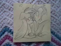 Size: 1280x960 | Tagged: safe, artist:powerjam, derpibooru import, flash sentry, sunset shimmer, pegasus, pony, unicorn, cloud, couple, cuddling, female, flashimmer, heart, hug, kissing, male, shipping, snuggling, sticky note, straight, traditional art, winghug