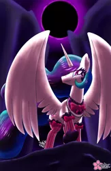 Size: 650x1000 | Tagged: artist:clouddg, bow, choker, clothes, derpibooru import, eclipse, emo, goth, hot topic, looking at you, looking down, ponymania, princess celestia, safe, smiling, solo, spread wings, stockings