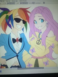 Size: 960x1280 | Tagged: artist:semehammer, clothes, derpibooru import, dress, fluttershy, human, humanized, rainbow dash, safe, smiling, suit, sunglasses, wip