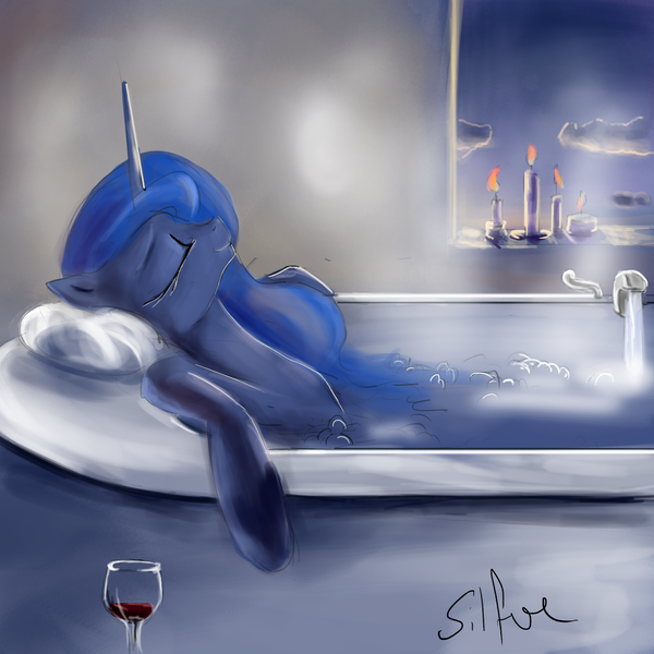 Size: 1280x1280 | Tagged: safe, artist:silfoe, derpibooru import, princess luna, pony, lunadoodle, bath, bathtub, candle, cloud, eyes closed, female, mare, relaxing, smiling, solo, steam, water, wine, wine glass