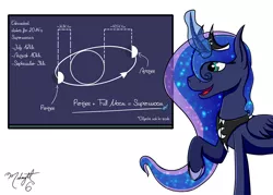 Size: 1000x714 | Tagged: artist:midnightsix3, astronomy, chalkboard, curved horn, derpibooru import, lunadoodle, magic, moon, open mouth, planet, princess luna, raised hoof, safe, science, smiling, solo, supermoon, telekinesis