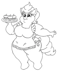 Size: 799x992 | Tagged: anthro, apron, artist:beau-skunk, breasts, busty cup cake, chubby, clothes, cup cake, cupcake, derpibooru import, fat, female, monochrome, naked apron, safe, solo, thick cup cake, unguligrade anthro
