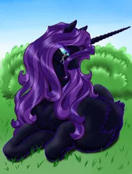 Size: 1900x2500 | Tagged: safe, artist:leovictor, artist:vasillium, derpibooru import, oc, oc:nyx, unofficial characters only, alicorn, pony, alicorn oc, colored, crying, eyelashes, frown, grass, looking down, messy mane, older, prone, sad, solo