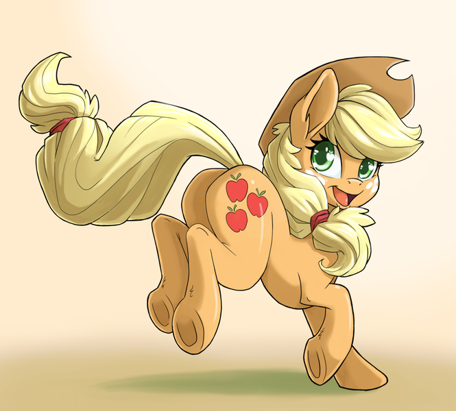 Size: 999x901 | Tagged: safe, artist:pusspuss, derpibooru import, applejack, earth pony, pony, cute, cutie mark eyes, female, freckles, galloping, happy, hat, jackabetes, looking back, mare, open mouth, plot, smiling, solo, underhoof, wingding eyes