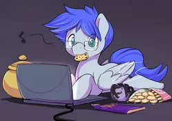 Size: 850x601 | Tagged: artist:ende26, coffee mug, computer, cookie, derpibooru import, eating, glasses, laptop computer, oc, safe, solo, unofficial characters only