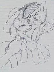 Size: 500x667 | Tagged: safe, artist:yajima, derpibooru import, applejack, rainbow dash, appledash, explicit source, female, grayscale, hug, lesbian, lined paper, monochrome, shipping, traditional art