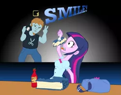 Size: 1007x794 | Tagged: safe, artist:reyjjj, derpibooru import, snips, twilight sparkle, equestria girls, bag, beard, bibliovore, book, dead rising, facial hair, frank west, older, school bag, smile!, that pony sure does love books