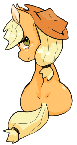 Size: 654x1221 | Tagged: applejack, artist:berseepon09, back, cute, derpibooru import, female, looking back, pixiv, plot, rear view, simple background, sitting, solo, solo female, suggestive