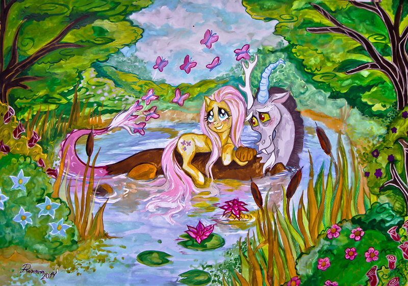 Size: 1024x718 | Tagged: safe, artist:arnne, derpibooru import, discord, fluttershy, butterfly, blushing, discoshy, female, male, painting, pond, shipping, straight, traditional art