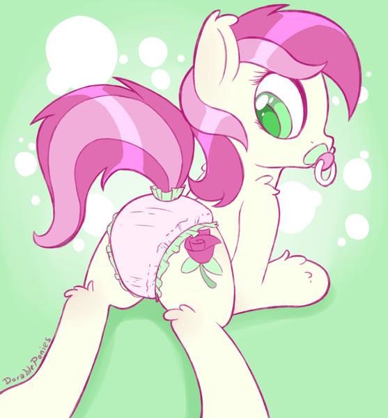 Size: 1300x1400 | Tagged: questionable, artist:dorableponies, derpibooru import, roseluck, earth pony, pony, ageplay, colored pupils, diaper, diaper fetish, female, mare, pacifier, solo, solo female