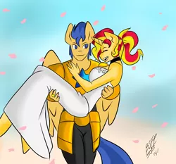Size: 1080x1008 | Tagged: safe, artist:burningsnowflakeproductions, derpibooru import, flash sentry, sunset shimmer, anthro, pegasus, unicorn, armor, carrying, choker, clothes, couple, cute, dress, eyes closed, female, flashimmer, happy, love, male, mare, married, open mouth, shimmerbetes, shipping, smiling, stallion, straight, wedding, wedding dress, wedding ring