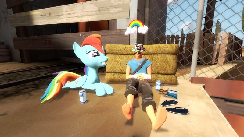 Size: 1191x670 | Tagged: 3d, derpibooru import, gmod, rainbow dash, safe, scout, team fortress 2, unusual hat