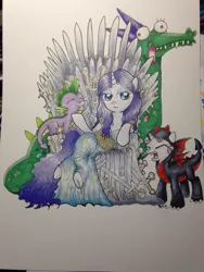 Size: 1224x1632 | Tagged: artist:catscratchpaper, cosplay, crackle, daenerys targaryen, derpibooru import, dragon, dragon costume, game of thrones, harsher in hindsight, iron throne, khaleesi, petting, rarity, safe, spike, sweetie belle, traditional art