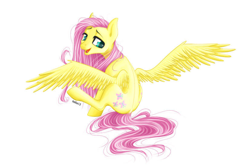 Size: 1000x682 | Tagged: safe, artist:holka13, derpibooru import, fluttershy, sitting, solo, spread wings