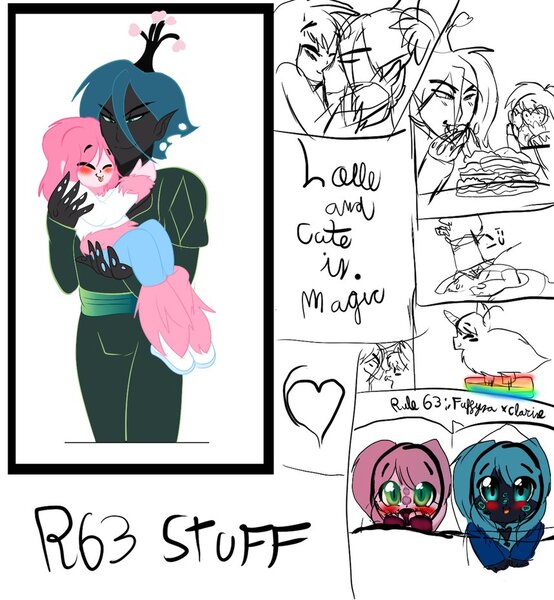 Size: 859x930 | Tagged: safe, artist:karsismf97, derpibooru import, queen chrysalis, oc, oc:fluffle puff, changeling, human, :o, :p, babies, blushing, canon x oc, chrysipuff, cute, eating, eyes closed, flufflebetes, gay, humanized, king metamorphosis, kissing, magical gay spawn, male, offspring, open mouth, pointed ears, puffle fluff, rule 63, rule63betes, shipping, smiling, tongue out