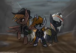 Size: 680x480 | Tagged: safe, artist:mrasianhappydude, derpibooru import, oc, oc:calamity, oc:littlepip, oc:velvet remedy, unofficial characters only, pegasus, pony, unicorn, fallout equestria, fanfic, battle saddle, clothes, cloud, cloudy, cowboy hat, dashite, ear fluff, fanfic art, female, fluttershy medical saddlebag, gun, hat, hooves, horn, male, mare, medical saddlebag, pipbuck, rifle, saddle bag, stallion, vault suit, wasteland, weapon, wings