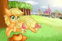 Size: 3000x2000 | Tagged: safe, artist:shyshyoctavia, derpibooru import, applejack, pony, apple tree, cheek fluff, cloud, cloudy, cute, filly, fluffy, grass, hatless, missing accessory, prone, solo, sweet apple acres, tongue out, unshorn fetlocks, who's a silly pony