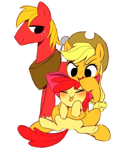 Size: 603x707 | Tagged: safe, artist:30clock, derpibooru import, apple bloom, applejack, big macintosh, earth pony, pony, cute, male, noogie, simple background, smiling, stallion