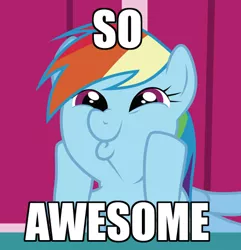 Size: 462x480 | Tagged: applebuck season, dashface, derpibooru import, edit, edited screencap, image macro, impact font, meme, rainbow dash, safe, screencap, so awesome, solo