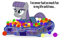 Size: 1200x747 | Tagged: artist:masem, artist:pixelkitties, ball pit, dashcon, derpibooru import, dialogue, excited, fun, maud pie, safe, simple background, solo, transparent background, vector