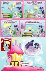 Size: 744x1156 | Tagged: safe, artist:henbe, derpibooru import, derpy hooves, dinky hooves, pinkie pie, twilight sparkle, twilight sparkle (alicorn), alicorn, pony, bubble, bubblemaster, clothes line, comic, female, laundry, mare, soap bubble, sugarcube corner, twilybuse