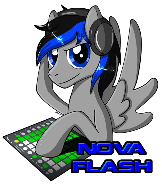 Size: 1046x1200 | Tagged: safe, derpibooru import, oc, oc:nova flash, unofficial characters only, pegasus, pony, badge, black, blue, con badge, gray, launch, launch pad, music, pad, request, solo