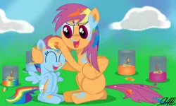 Size: 1000x600 | Tagged: safe, artist:serenawatchmen, derpibooru import, rainbow dash, scootaloo, pegasus, pony, bodypaint, cloud, cute, cutealoo, dawwww, eyes closed, female, filly, grass, happy, hug, mare, noogie, open mouth, paint, paint bucket, paint in hair, paint on feathers, paint on fur, paintbrush, painting characters, palette swap, rainbow paint, recolor, role reversal, scootalove, sitting, smiling, spread wings, wings