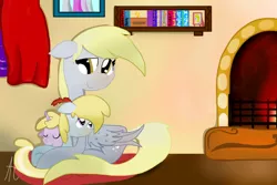 Size: 1024x683 | Tagged: safe, artist:a-happy-thought, derpibooru import, chirpy hooves, derpy hooves, dinky hooves, pegasus, pony, chirpabetes, cuddling, cute, derpabetes, dinkabetes, equestria's best mother, female, fireplace, mare, snuggling