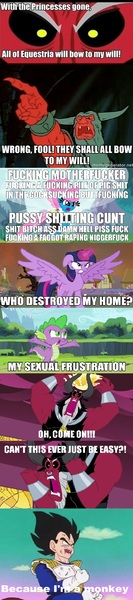 Size: 496x2242 | Tagged: questionable, derpibooru import, lord tirek, seabreeze, spike, twilight sparkle, twilight sparkle (alicorn), alicorn, breezie, pony, cluster f-bomb, comic, crossover, dragon ball z, dragonball z abridged, exploitable meme, female, mare, meme, scorpan's necklace, tirek vs everyone meme, vegeta, vulgar, who destroyed twilight's home