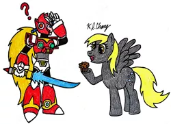 Size: 930x672 | Tagged: safe, artist:stealthninja5, derpibooru import, derpy hooves, pegasus, pony, capcom, confused, crossover, female, mare, megaman x, muffin, traditional art, zero