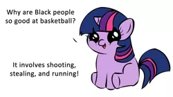 Size: 1194x668 | Tagged: safe, deleted from derpibooru, derpibooru import, twilight sparkle, unicorn, basketball, black people, exploitable meme, filly, filly twilight sparkle, filly twilight telling an offensive joke, meme, obligatory pony, out of character, racism, simple background, solo, stereotype, unicorn twilight, vulgar, white background