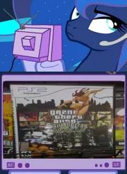 Size: 563x768 | Tagged: bootleg, derpibooru import, exploitable meme, gamer luna, grand theft auto, meme, misspelling, obligatory pony, princess luna, safe, tarzan, tv meme, unamused