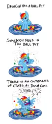 Size: 834x1962 | Tagged: safe, artist:lightfantastictgc, derpibooru import, rainbow dash, pegasus, pony, ball pit, comic, crabs, dashcon, disgusted, female, frown, glare, grumpy, implied rarity fighting a giant crab, open mouth, sexually transmitted disease, shocked, sitting, smelly, solo, spread wings, tongue out, unamused, urine, wide eyes, yelling