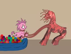 Size: 2000x1507 | Tagged: semi-grimdark, derpibooru import, oc, oc:taint fare, unofficial characters only, pony, fallout equestria, ball, ball pit, dashcon, female, mare, mutant, pulling, raider, rescue, scared, silly, tentacles