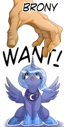Size: 1000x1987 | Tagged: artist:hattonslayden, brony, bronybait, derpibooru import, disembodied hand, filly, hand, human, looking up, open mouth, princess luna, s1 luna, safe, sitting, spread wings, woona