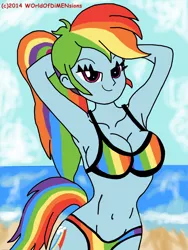 Size: 1728x2304 | Tagged: suggestive, artist:swagalicious-tony, artist:worldofdimensions, derpibooru import, rainbow dash, equestria girls, armpits, beach, bedroom eyes, belly button, bikini, breasts, busty rainbow dash, cleavage, clothes, female, humanized, smiling, solo, solo female, sultry pose, swimsuit, tailed humanization
