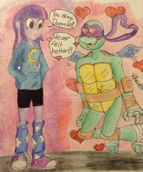 Size: 815x981 | Tagged: safe, artist:hraiden, derpibooru import, twilight sparkle, equestria girls, clothes, crossover, crossover shipping, donatello, donatwi, hoodie, teenage mutant ninja turtles, tmnt 2012, traditional art, watermark