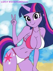 Size: 1728x2304 | Tagged: suggestive, artist:swagalicious-tony, artist:worldofdimensions, derpibooru import, twilight sparkle, equestria girls, beach, belly button, bikini, breasts, busty twilight sparkle, cleavage, clothes, female, horn, peace sign, smiling, solo, solo female, swimsuit, tail, underass
