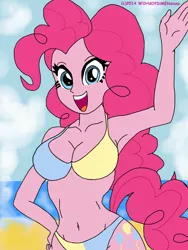 Size: 1728x2304 | Tagged: suggestive, artist:swagalicious-tony, artist:worldofdimensions, derpibooru import, pinkie pie, equestria girls, armpits, beach, belly button, bikini, breasts, busty pinkie pie, cleavage, clothes, female, humanized, smiling, solo, solo female, swimsuit, tailed humanization, waving