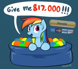 Size: 1280x1137 | Tagged: dead source, safe, artist:moozua, derpibooru import, rainbow dash, pegasus, pony, american express, ball pit, bronybait, comic, cute, dashcon, dialogue, discover card, donate button, donation, female, mare, mastercard, paypal, pun, simple background, solo, visa