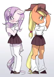 Size: 700x990 | Tagged: safe, artist:nitronic, derpibooru import, applejack, oc, oc:floating s petal, pony, semi-anthro, back to back, bipedal, clothes, floppy ears, pixiv, school uniform, simple background, stockings, thigh highs, white background